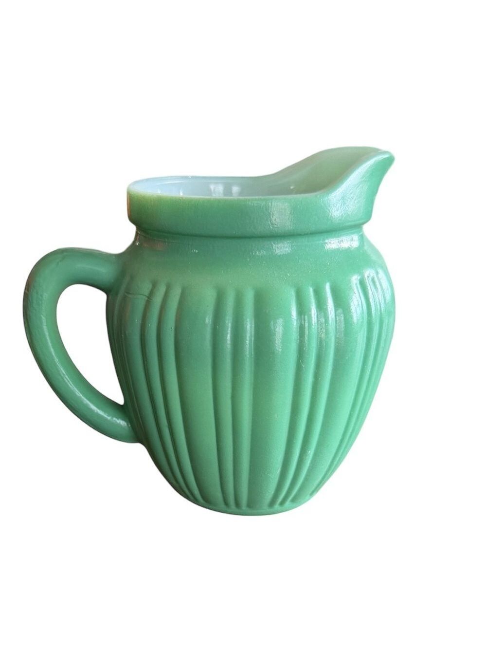 Vintage Hazel Atlas Platonite 1940’s Cream Pitcher Ribbed Green White EC